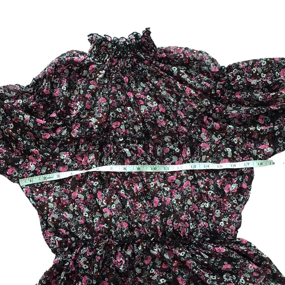 Zara Floral Print Pink Black Ruffle Neck Blouse, size M - Picture 12 of 14